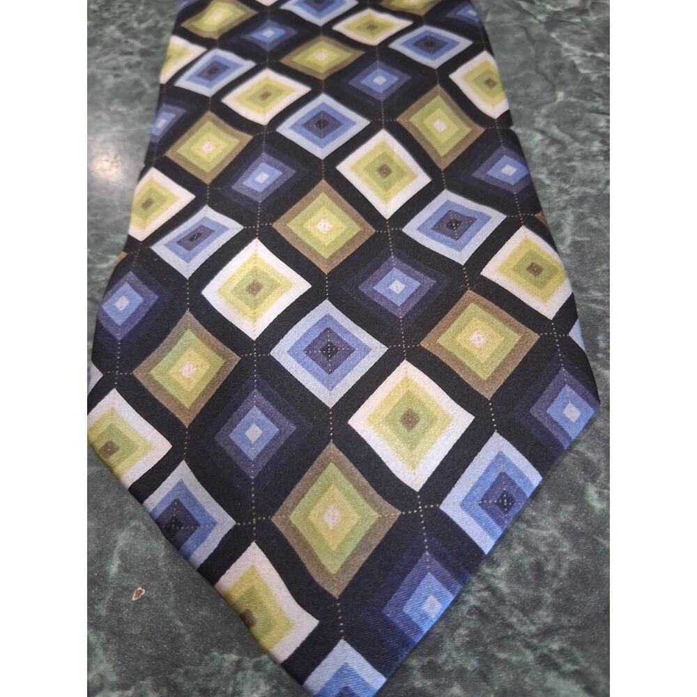 Vintage Di Maggio 100% Silk Tie Green Blue Geometric Retro Necktie Handmade